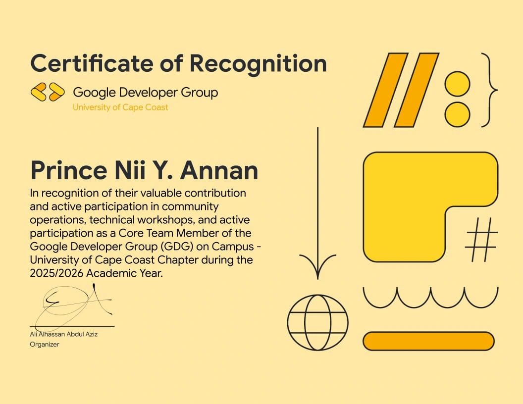 Certificate of Recognition - Prince Nii Y. Annan, Machine Learning Lead